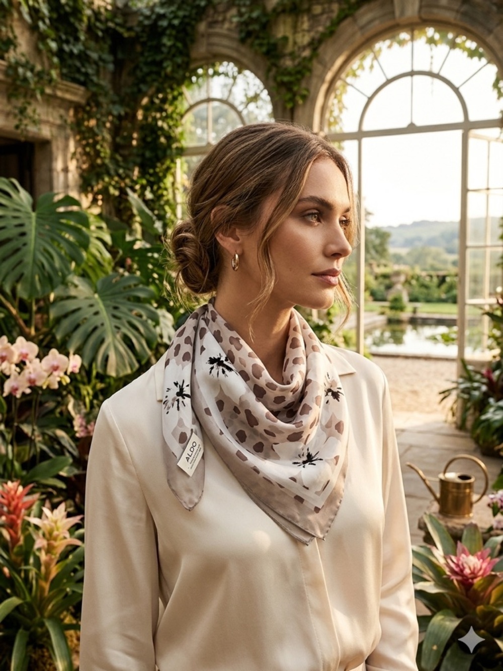 ALDO Multi-Use Square Scarf Taupe Floral & Spot Print - Picture 2 of 9